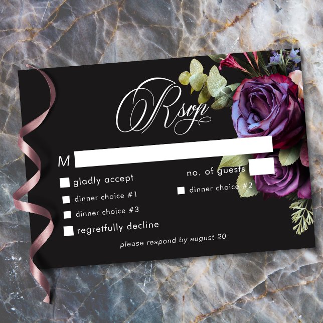 Moody Dark Floral Black Burgundy Romantic Wedding RSVP Card (Moody Dark Floral Black Burgundy Romantic Wedding RSVP Card)