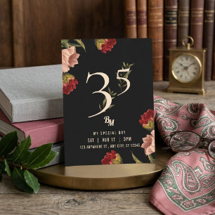 Moody Dark Floral Botanical Red Pink Birthday Invitation