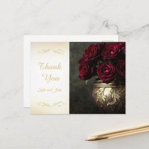 Moody Dark Floral Burgundy Roses Gold Wedding Postcard