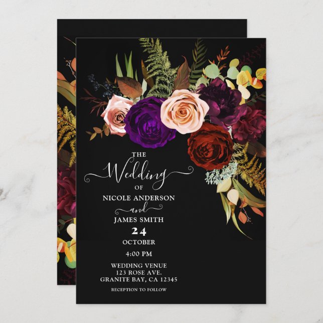 Moody Dark Floral Greenery Bold Colour Chic Weddin Invitation (Front/Back)
