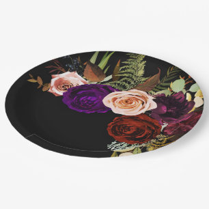Moody Dark Floral Greenery Bold Colour Chic Weddin Paper Plate