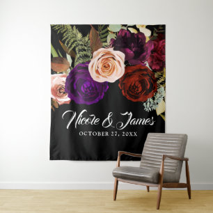 Moody Dark Floral Greenery Bold Wedding Backdrop Tapestry