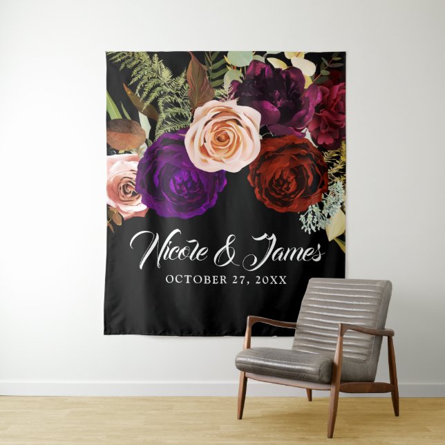 Moody Dark Floral Greenery Bold Wedding Backdrop Tapestry (In Situ)