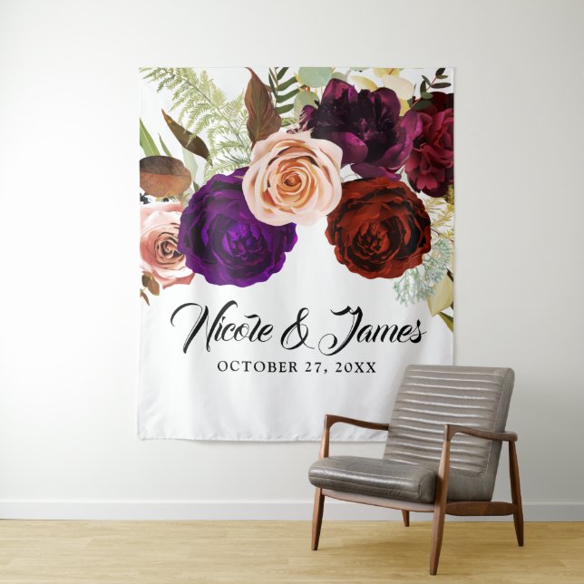 Moody Dark Floral Greenery Bold Wedding Backdrop Tapestry (In Situ)