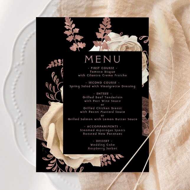 Moody Dark Floral Ivory Rose Gold Wedding Menu (Creator Uploaded)