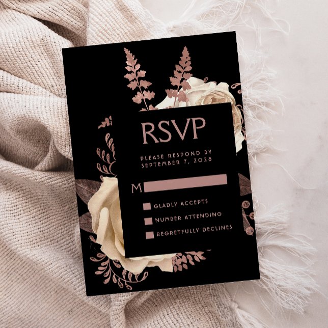Moody Dark Floral Ivory Rose Gold Wedding RSVP Enclosure Card (Creator Uploaded)