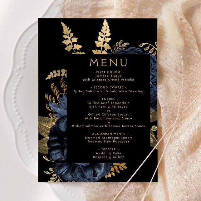 Moody Dark Floral Navy Blue Gold Wedding Menu (Creator Uploaded)