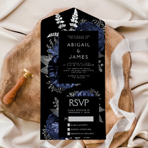 Moody Dark Floral Navy Blue Silver Wedding All In One Invitation