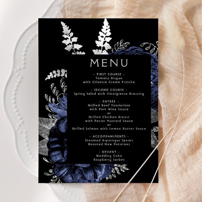 Moody Dark Floral Navy Blue Silver Wedding Menu (Creator Uploaded)