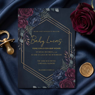 Moody Dark Floral Navy Burgundy Gold Hexagon Baby  Invitation