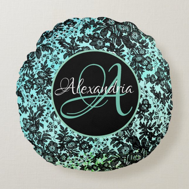 Moody Dark Floral on Turquoise Monogram  Round Cushion (Front)