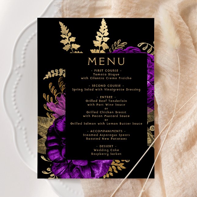 Moody Dark Floral Purple Gold Wedding Menu (Creator Uploaded)