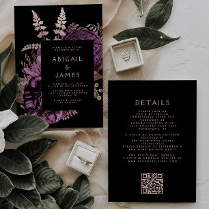 Moody Dark Floral Purple Rose Gold QR Code Wedding Invitation