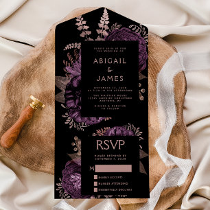 Moody Dark Floral Purple Rose Gold Wedding All In One Invitation