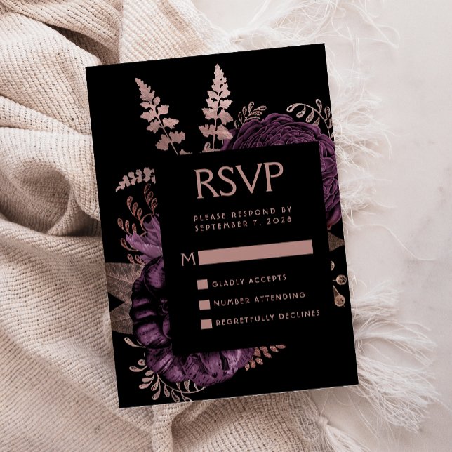Moody Dark Floral Purple Rose Gold Wedding RSVP Enclosure Card (Creator Uploaded)