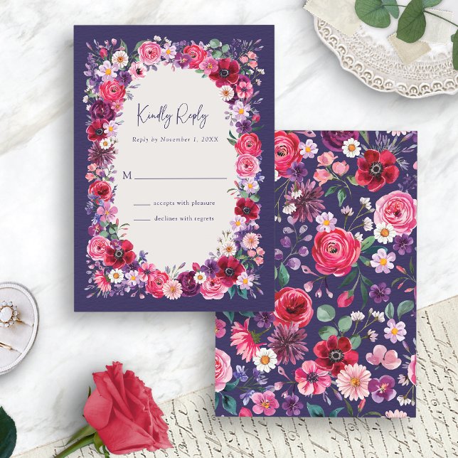 Moody Dark Floral RSVP Card (Moody Bold Dark Navy Blue Floral RSVP Card by Painted Paperie
)