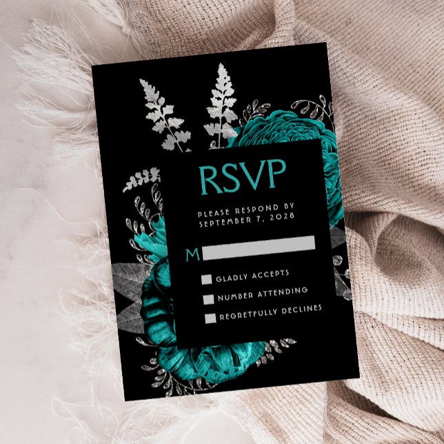 Moody Dark Floral Teal Silver Wedding RSVP Enclosure Card (Creator Uploaded)