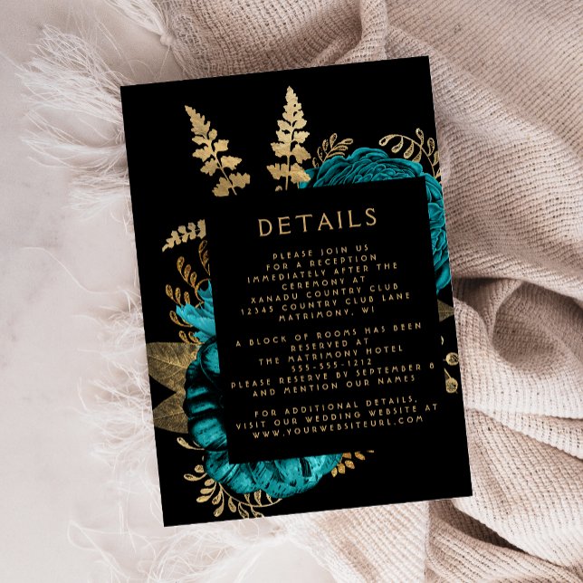 Moody Dark Floral Turquoise Gold Wedding Details Enclosure Card (Creator Uploaded)