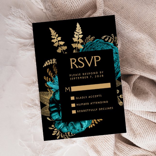 Moody Dark Floral Turquoise Gold Wedding RSVP Enclosure Card (Creator Uploaded)