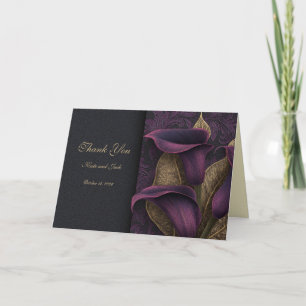 Moody Dark Floral Violet Gold Wedding Thank You Card