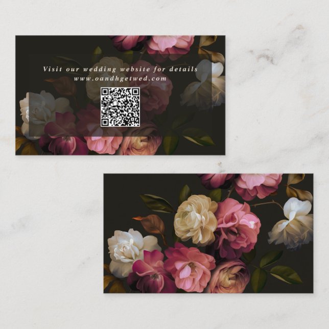Moody Dark Floral Wedding Website QR Code Enclosure Card (Front/Back)
