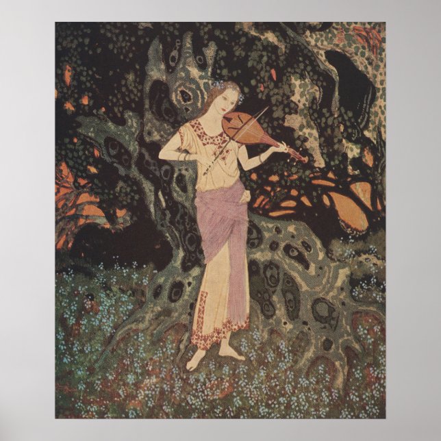Moody Dark Forest Maiden Playing Violin Art Poster (Front)