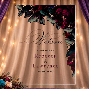 Moody Dark Magenta Floral Gothic Wedding Welcome Acrylic Sign