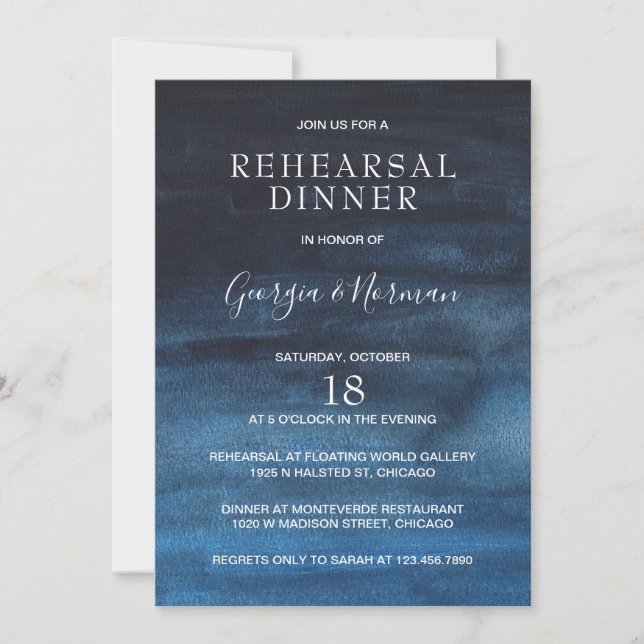 Moody Dark Navy Blue Watercolor Rehearsal Dinner Invitation (Front)