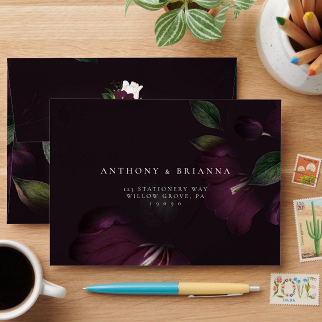Moody Dark Purple Grunge Self-Addressed RSVP  Envelope (Desk)