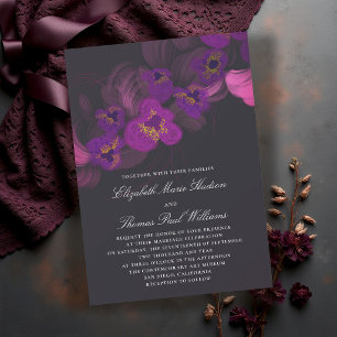 Moody Dark Purple Orchids Floral Elegant Wedding Invitation