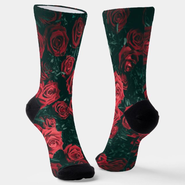 Moody Dark Red Roses Floral Pattern Background Socks (Angled)