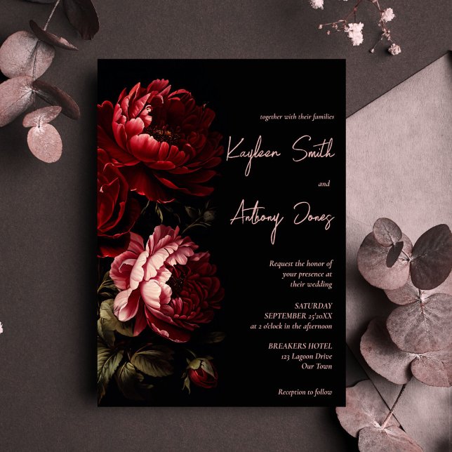 Moody dark vintage flowers wedding all in one invitation (Moody dark vintage crimson red roses floral wedding all in one invitation template instant download)