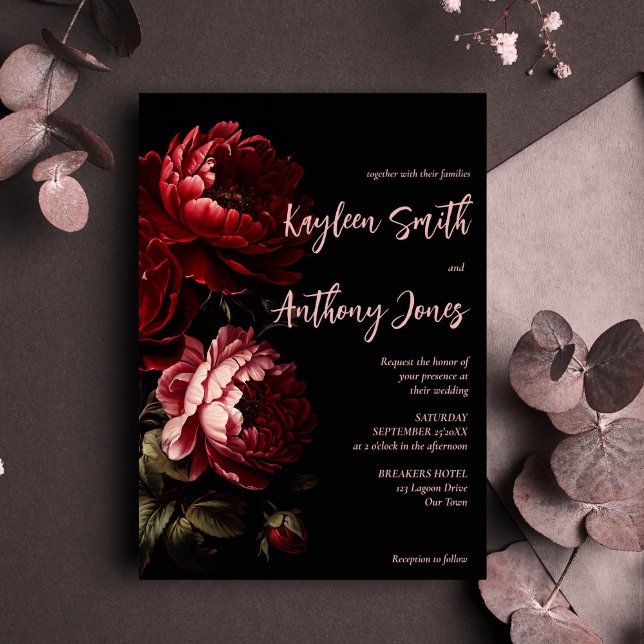 Moody dark vintage flowers wedding invitation (Moody dark vintage red peony roses flowers wedding invitation editable template instant download)