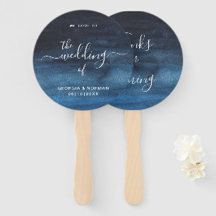 Moody Dark Watercolor Navy Blue Wedding Hand Fan