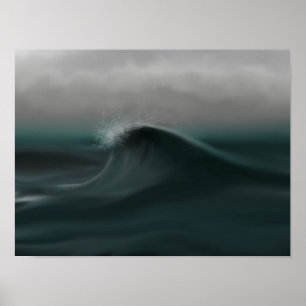 Moody deep green wave in storm poster