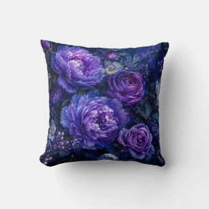 Moody Deep Indigo Blue & Purple Floral Peony Cushion