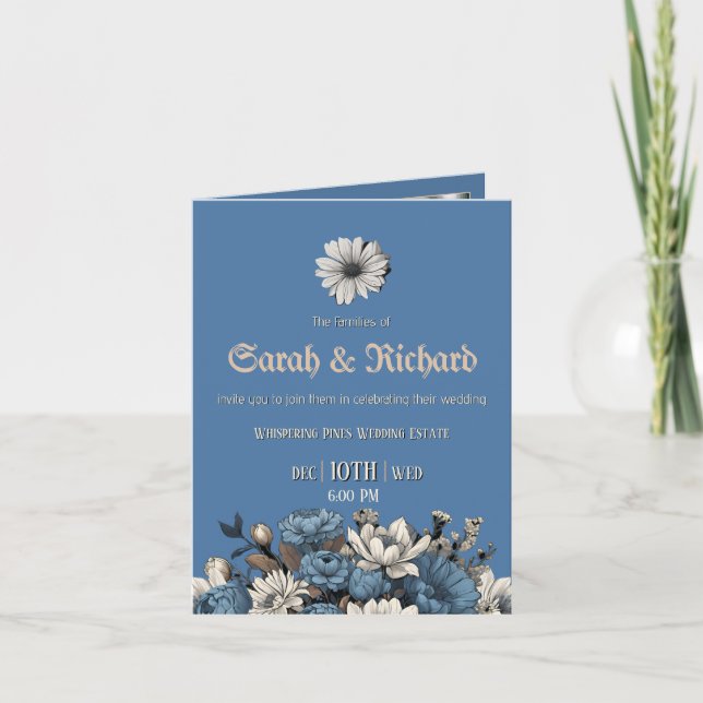Moody Denim & Navy Floral Custom Photo Wedding  Invitation (Front)