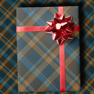 Moody Diagonal Navy, Brown and Copper Tartan Plaid Wrapping Paper
