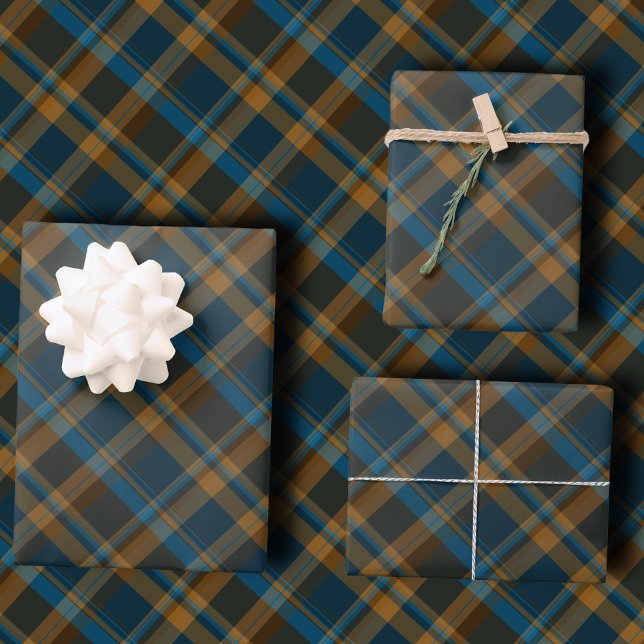 Moody Diagonal Navy, Brown and Copper Tartan Plaid Wrapping Paper Sheet (Creator Uploaded)