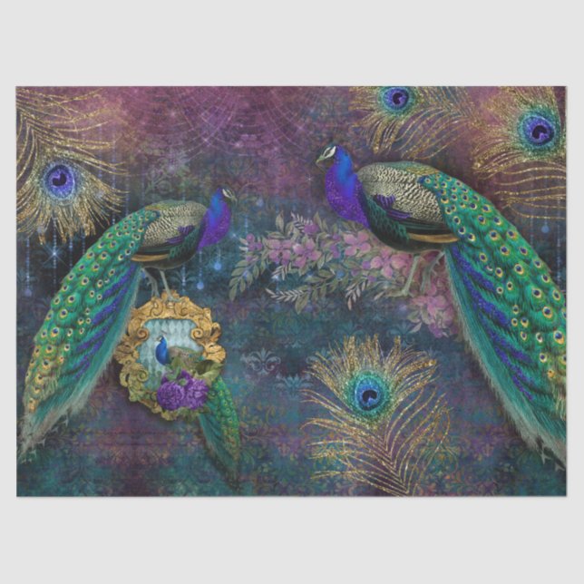 Moody Elegant Peacock Feather Glitter Decoupage Tissue Paper (Front)