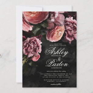 Moody Elegant Pink Floral Bouquet on Black Invit Invitation