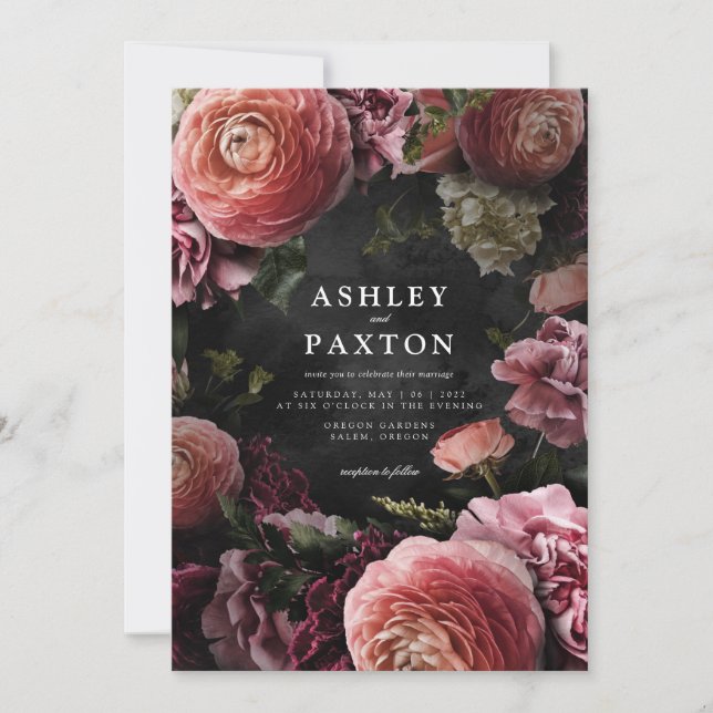 Moody Elegant Pink | Floral Bouquet on Black Invit Invitation (Front)