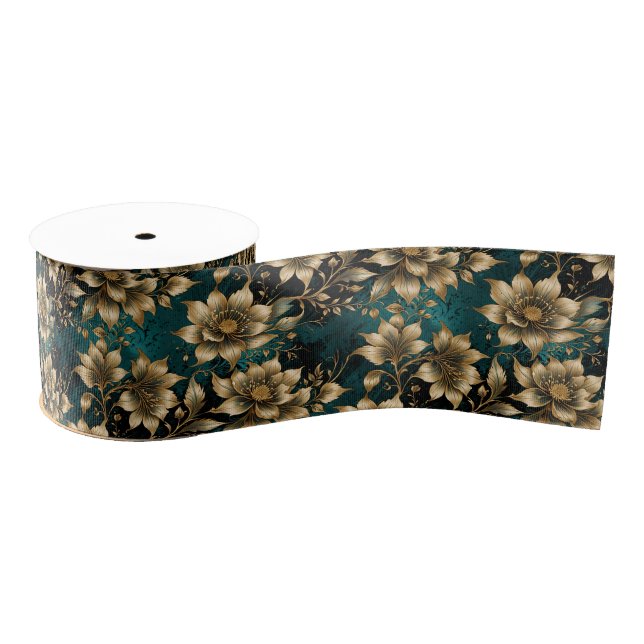 Moody Emerald and Antique Gold Botanical Grosgrain Ribbon (Spool)