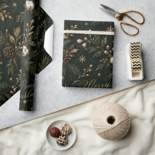 Moody Emerald Green Gold Botanical Merry Christmas Wrapping Paper
