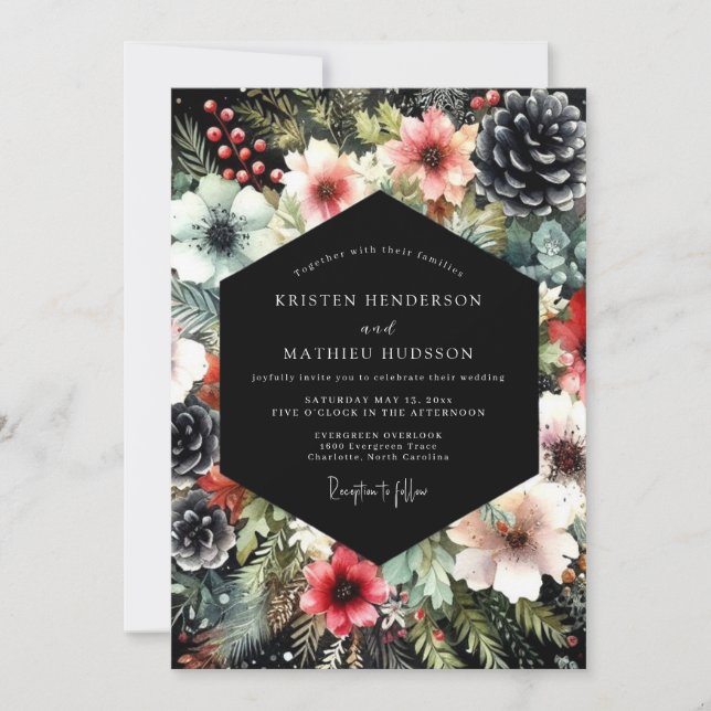 Moody Evergreen Floral Wedding Invitation (Front)
