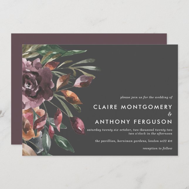 Moody Fall Floral Burst Watercolor Wedding Invitation (Front/Back)