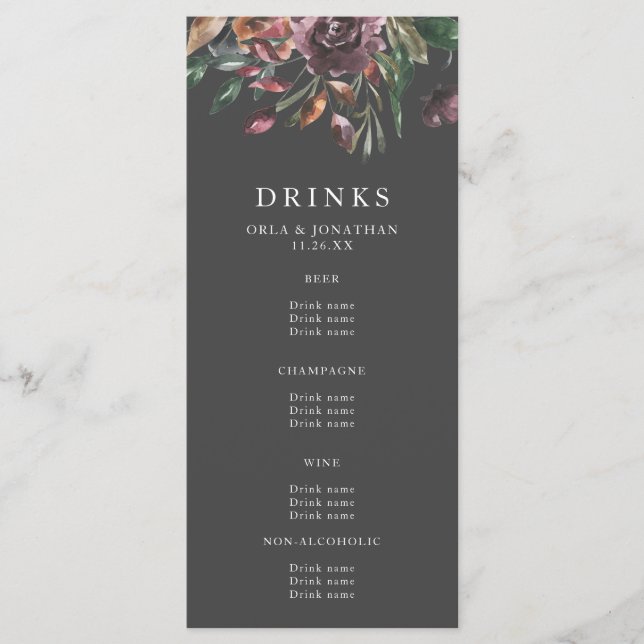 Moody Fall Floral Burst Wedding Drinks Menu (Front)