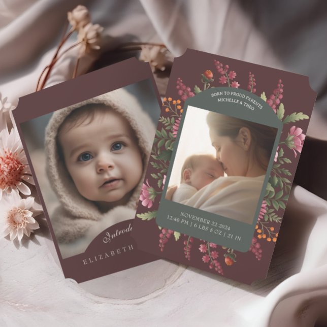 Moody Fall Floral Two Photo Birth Announcement (Creator Uploaded)