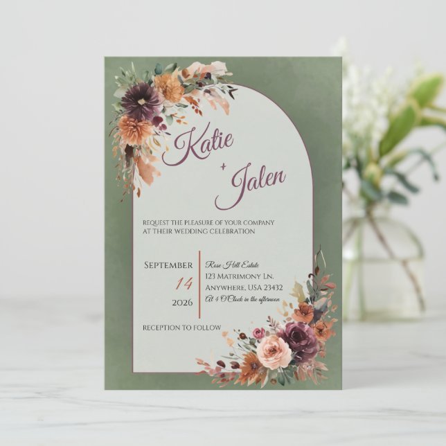 Moody Fall Floral Wedding Invitation  (Standing Front)