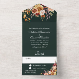 Moody Fall Wedding Emerald Green All In One Invitation